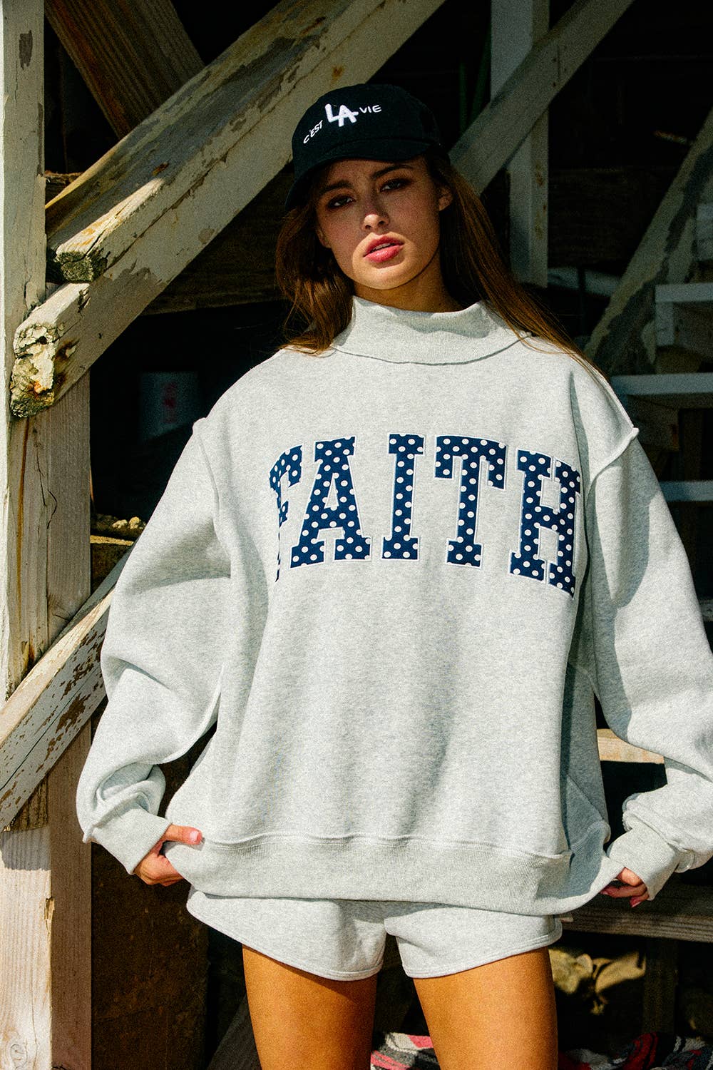 IT2594E-FAITH | Embroidered Polka-Dot Mock Neck Sweatshirt : H.GREY/POLKA DOT / S/M-L/XL (3-3) - Pink Peonies