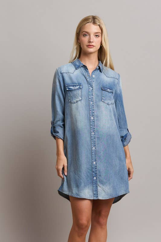 Tencel Denim Shirt Dress - Pink Peonies