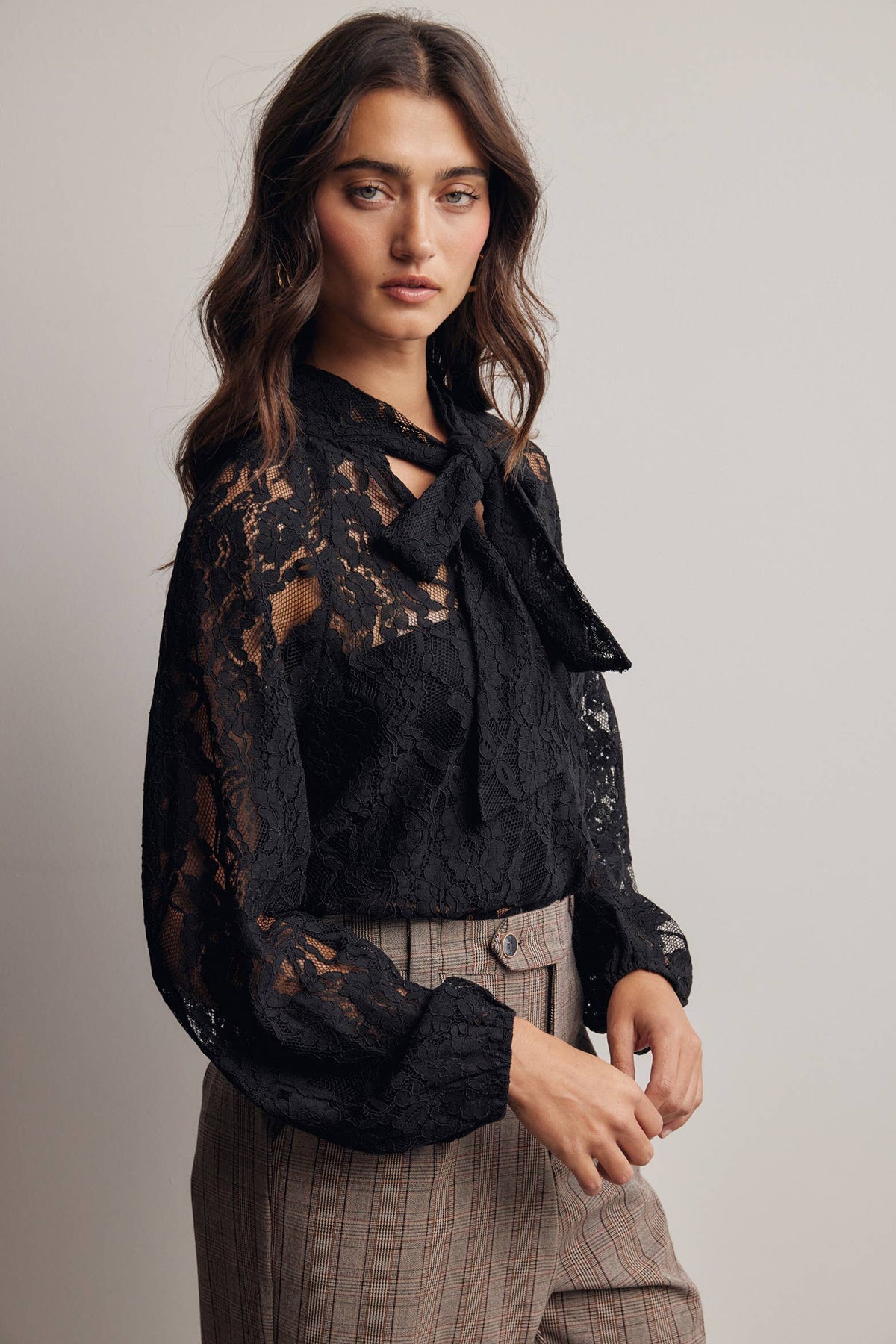 Sheer Lace Tie Neck Black Blouse
