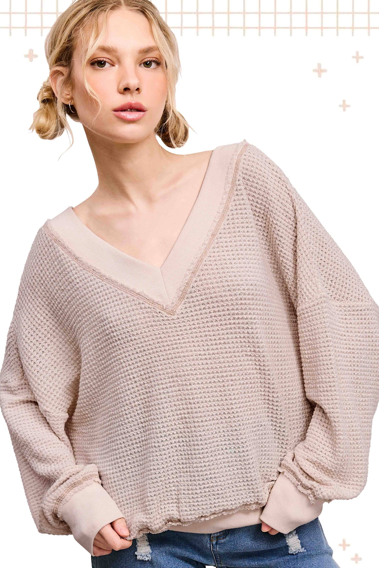 V-neck Waffle Top Ash - Pink Peonies
