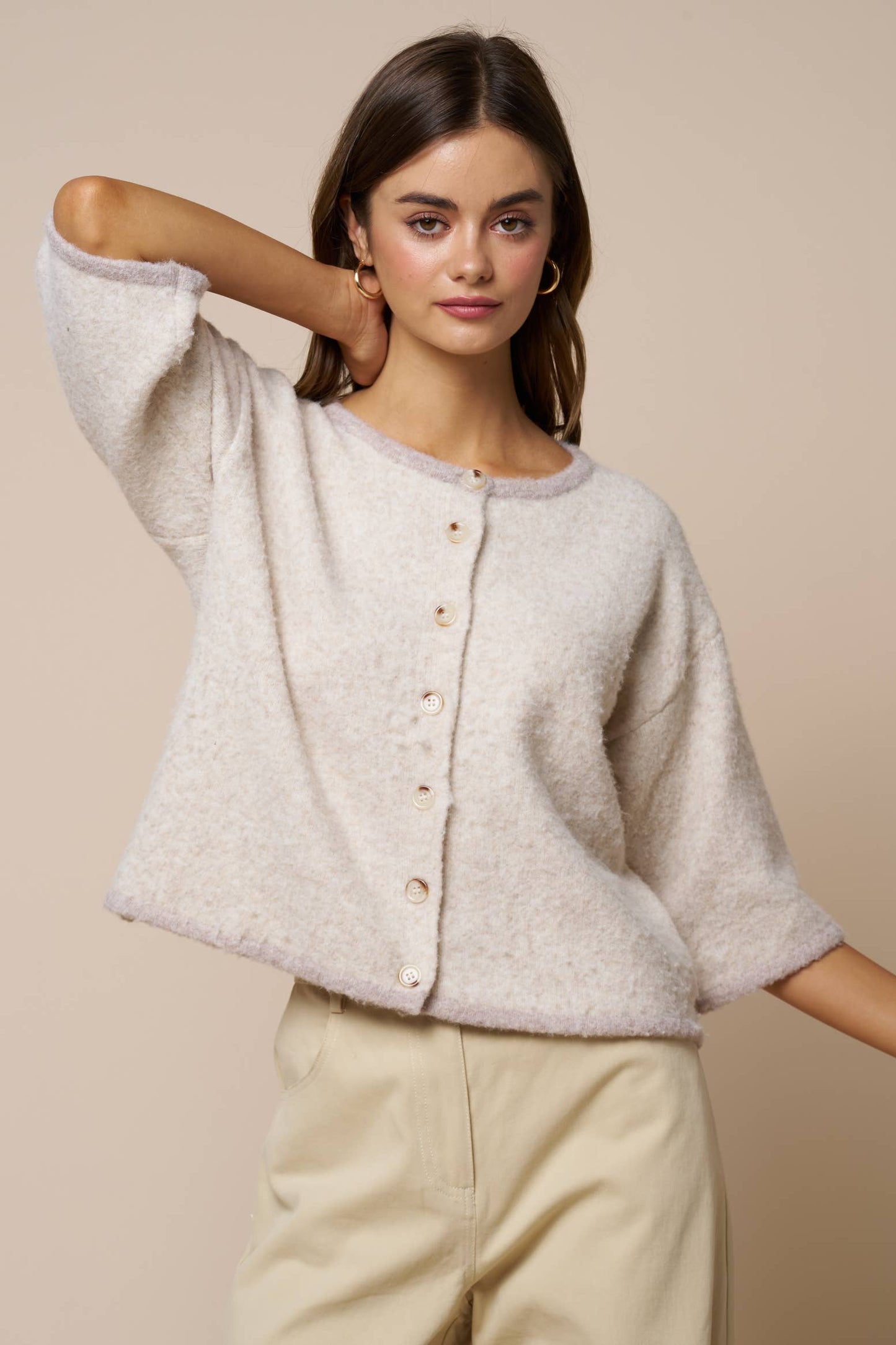 Color Block Button Down Sweater Top: LT BEIGE / L - Pink Peonies