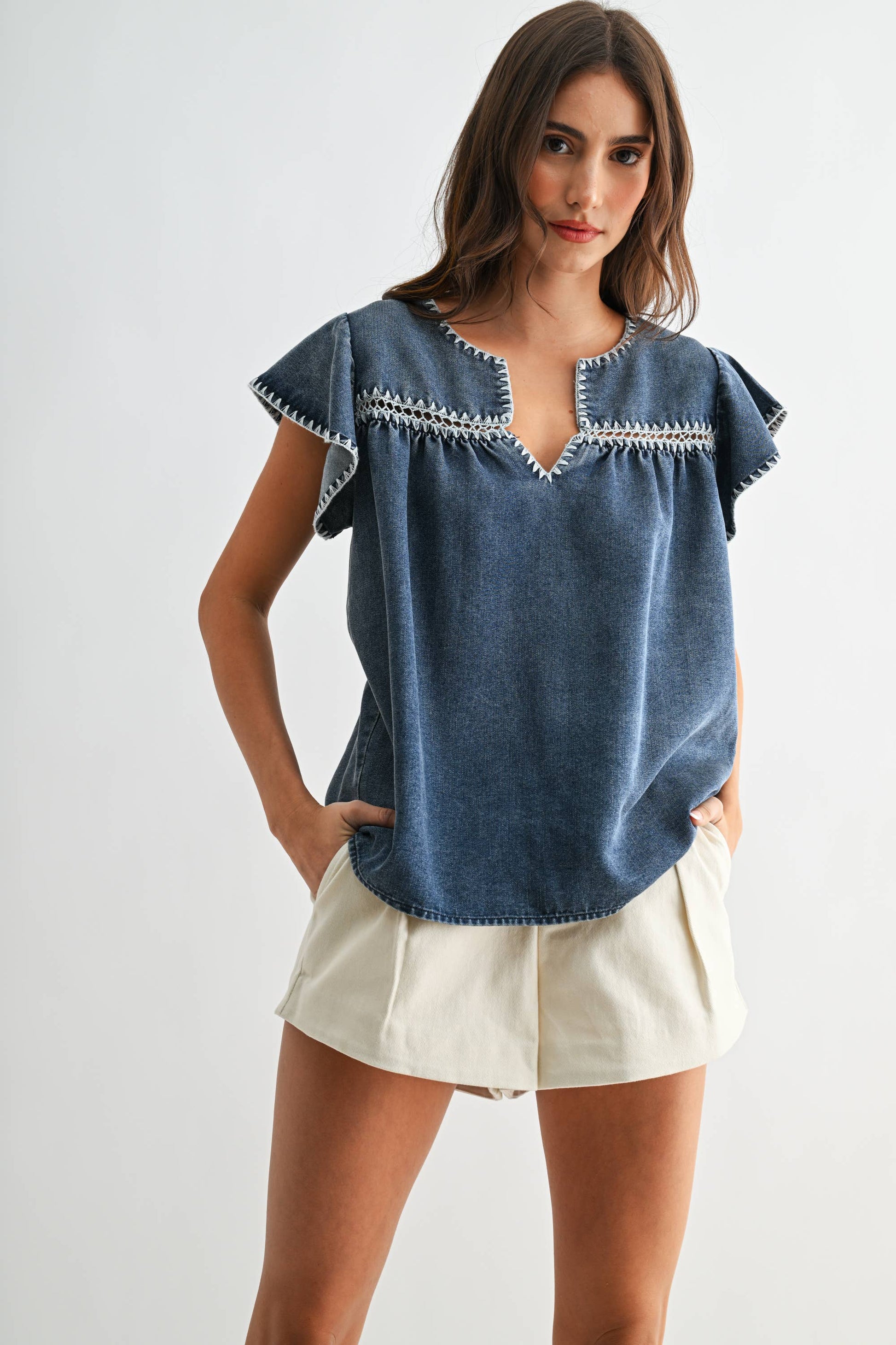 CJT26782 Denim Flutter Sleeve Top with Embroidered Trim: MEDIUM DENIM / S-M-L (3-2-1) - Pink Peonies