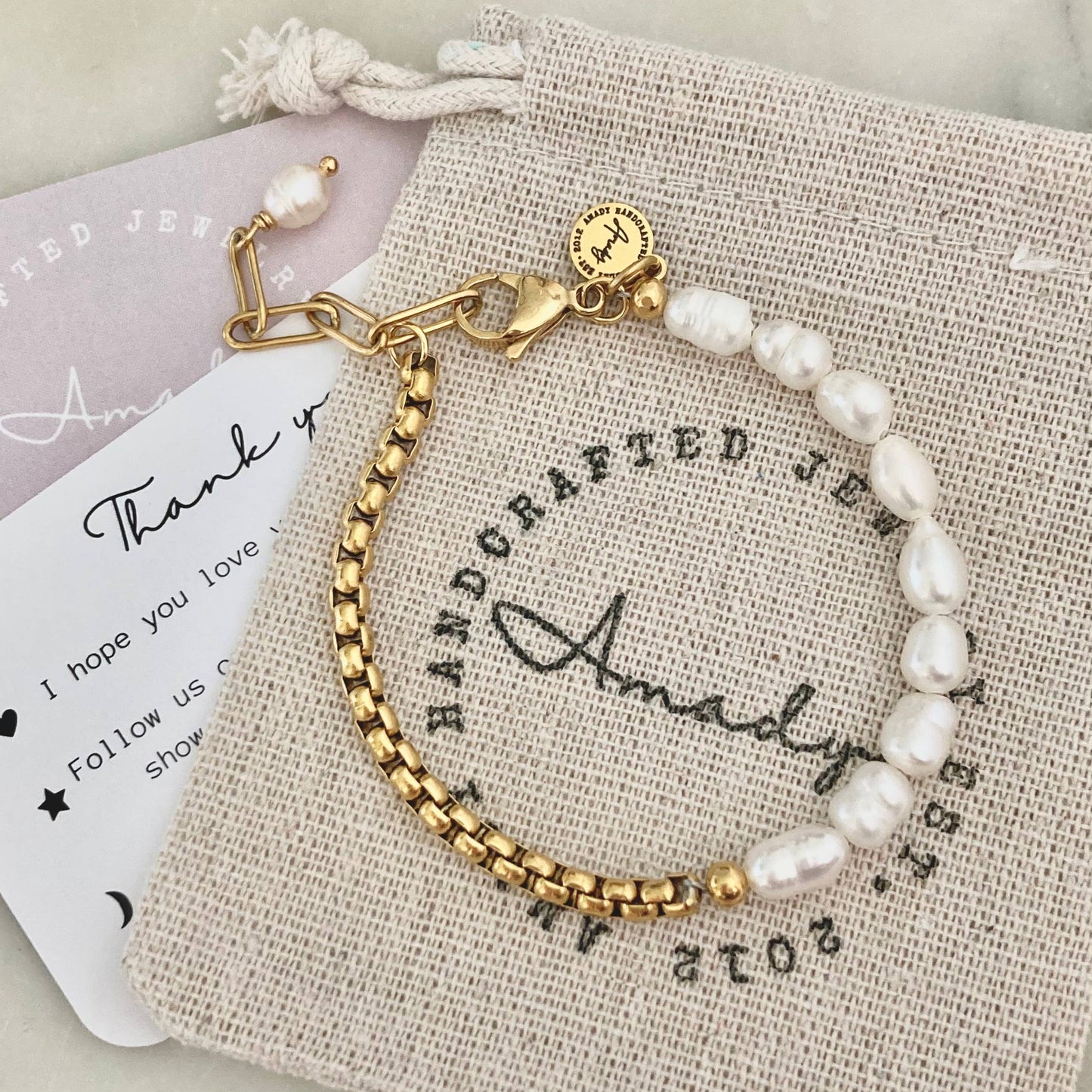 Pearls Bracelet Gold plated box chain adjustable - Pink Peonies