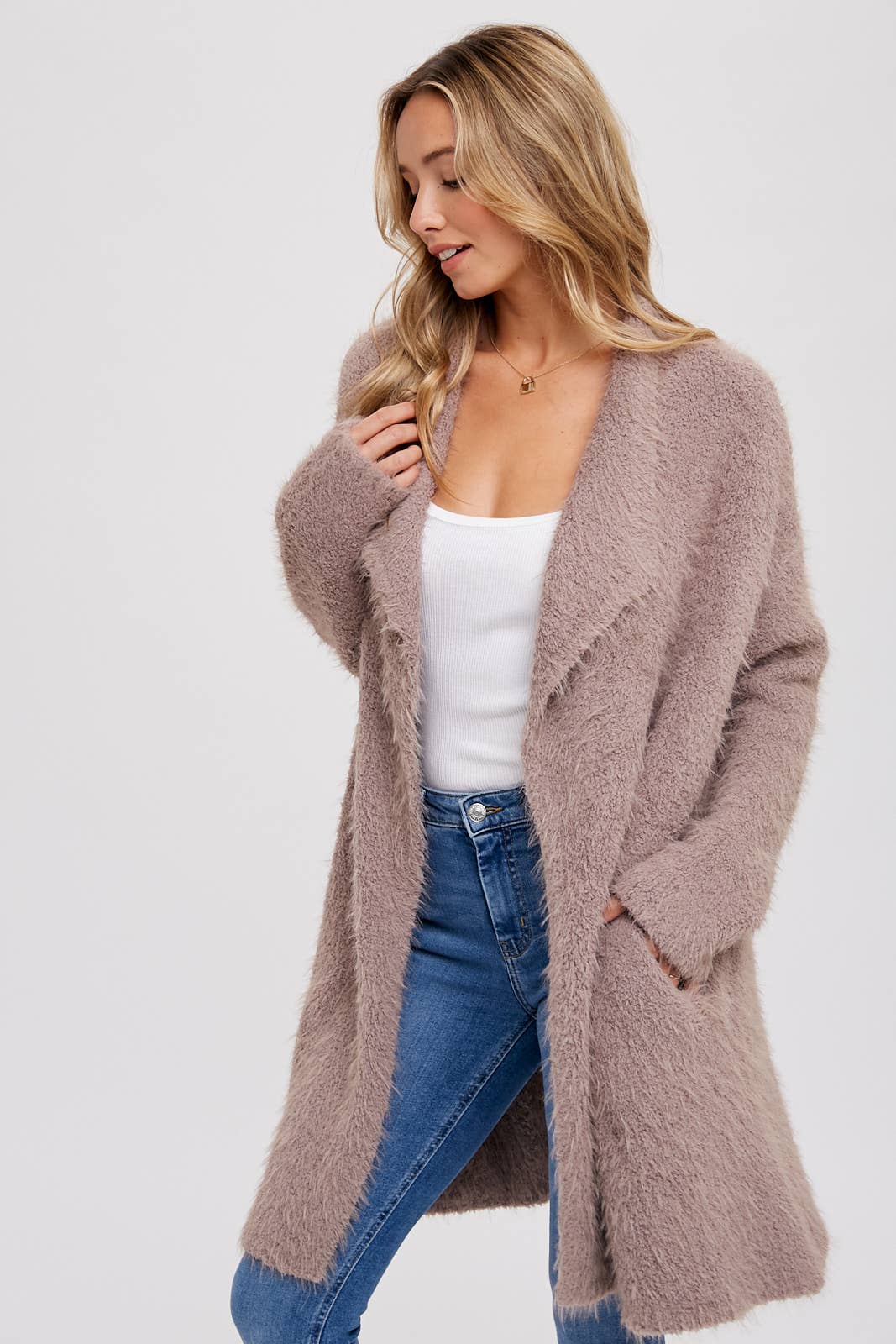 SOFT FUZZY DRAPE FRONT CARDIGAN: MUSHROOM / M/L - Pink Peonies