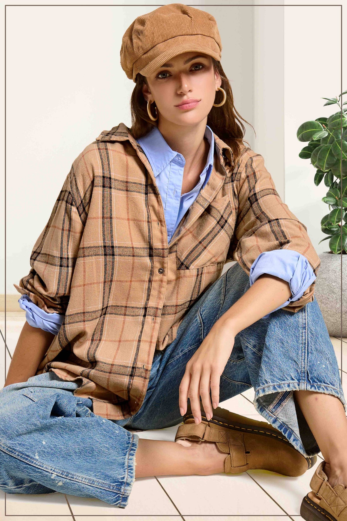 SRT1312-Soft Fabric Plaid Loose Fit Button Down Shirt: Tan / L - Pink Peonies