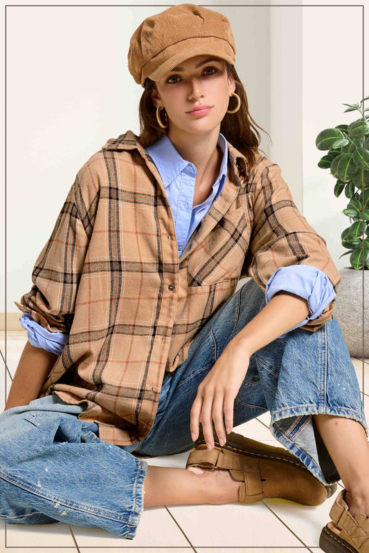 SRT1312-Soft Fabric Plaid Loose Fit Button Down Shirt: Tan / L - Pink Peonies