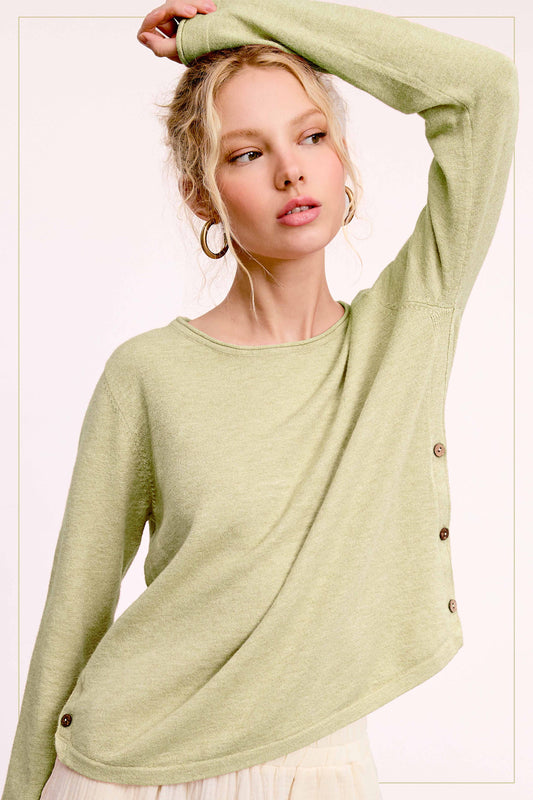 Soft Rolled Hem Side Button Stretchy Knit Top - Pink Peonies
