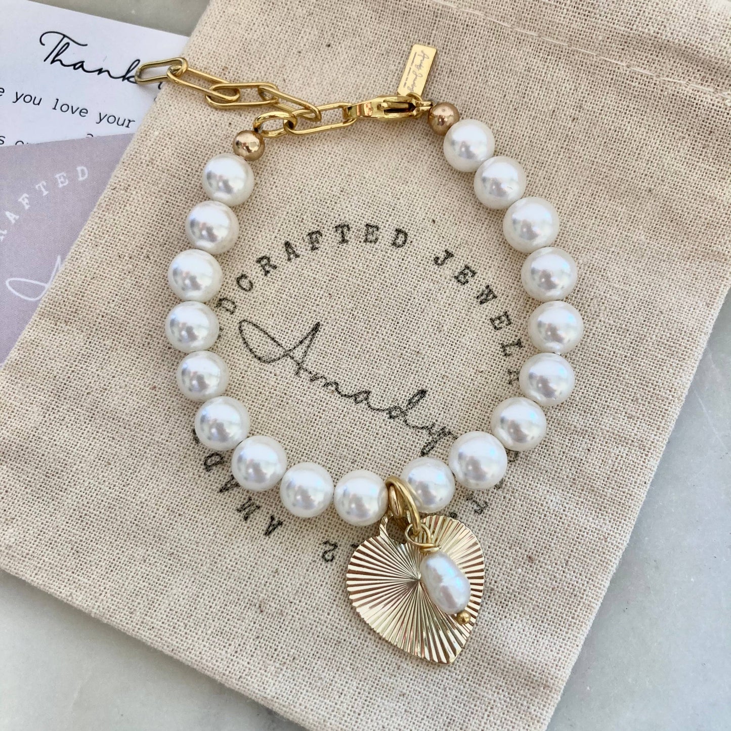 Freshwater pearl gold heart charmed bracelet  coquette - Pink Peonies
