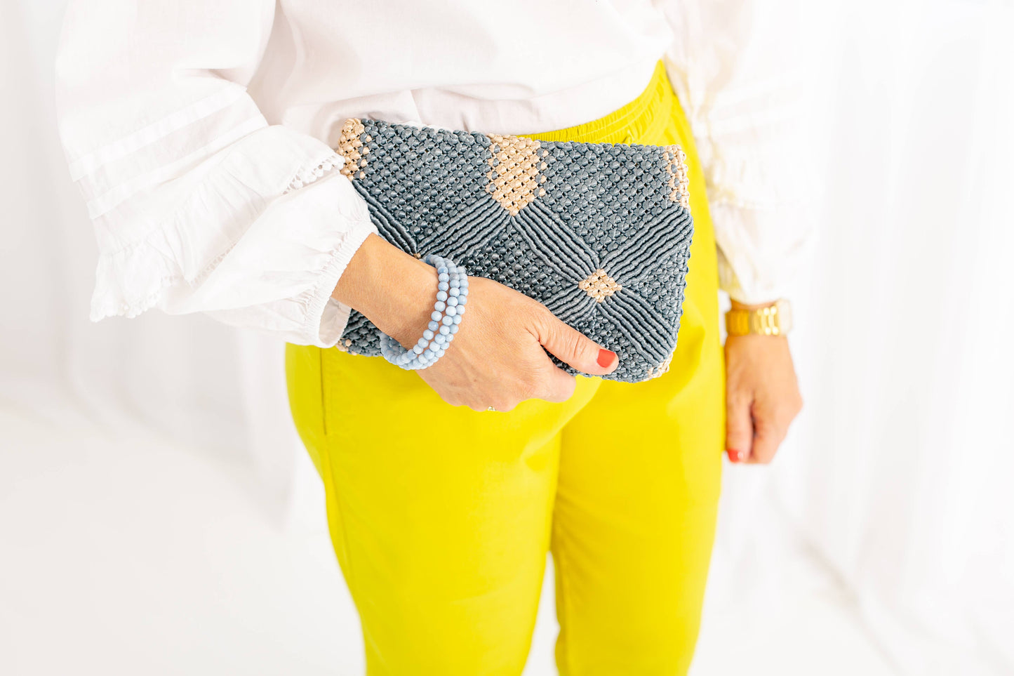 Handmade Macramé Clutch- Dusty Blue and Champagne - Pink Peonies