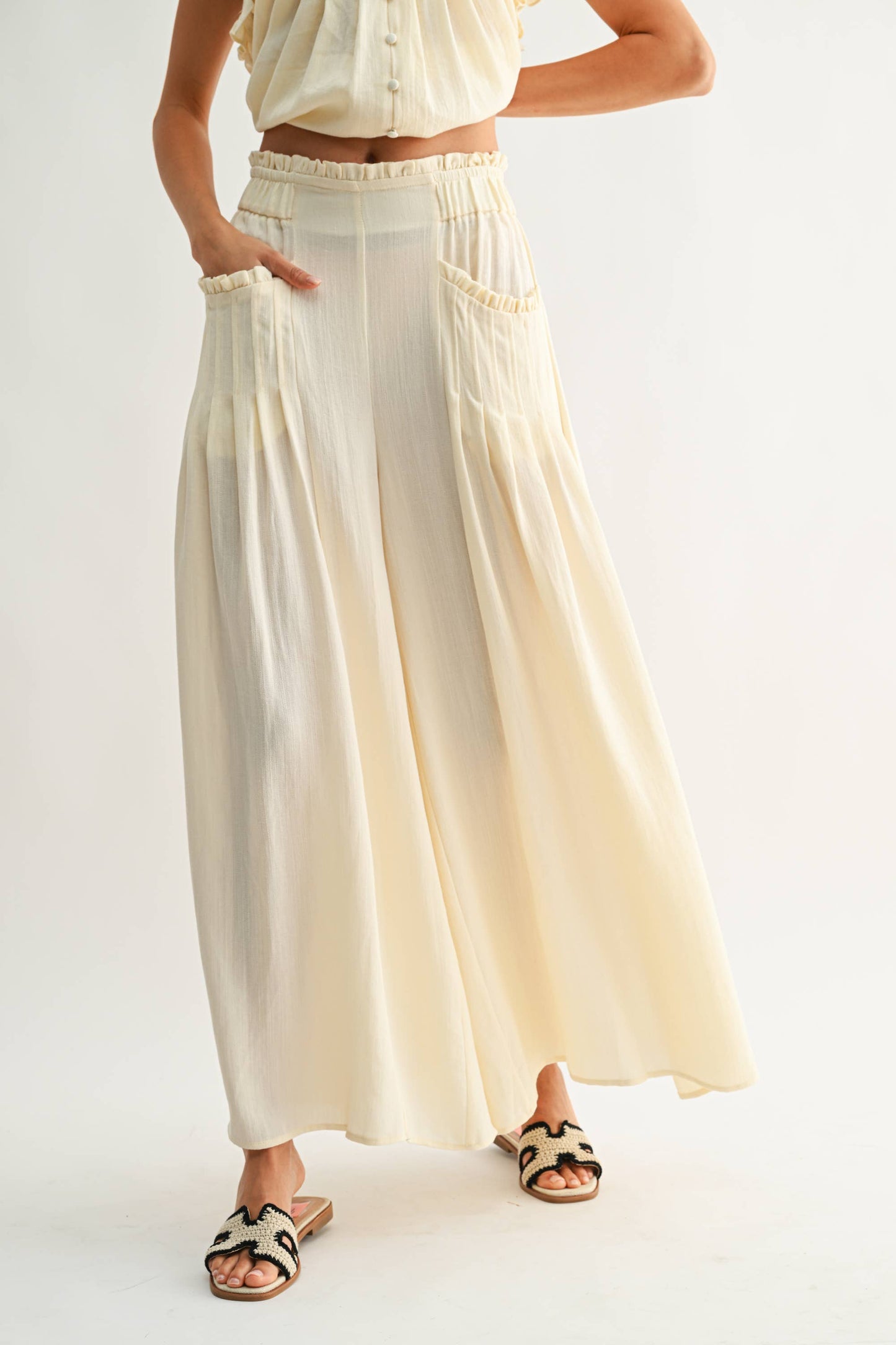 CEP27063 Wide-Leg Palazzo Pant with Ruffle Set - Pants Only: IVORY / S-M-L (3-2-1) - Pink Peonies