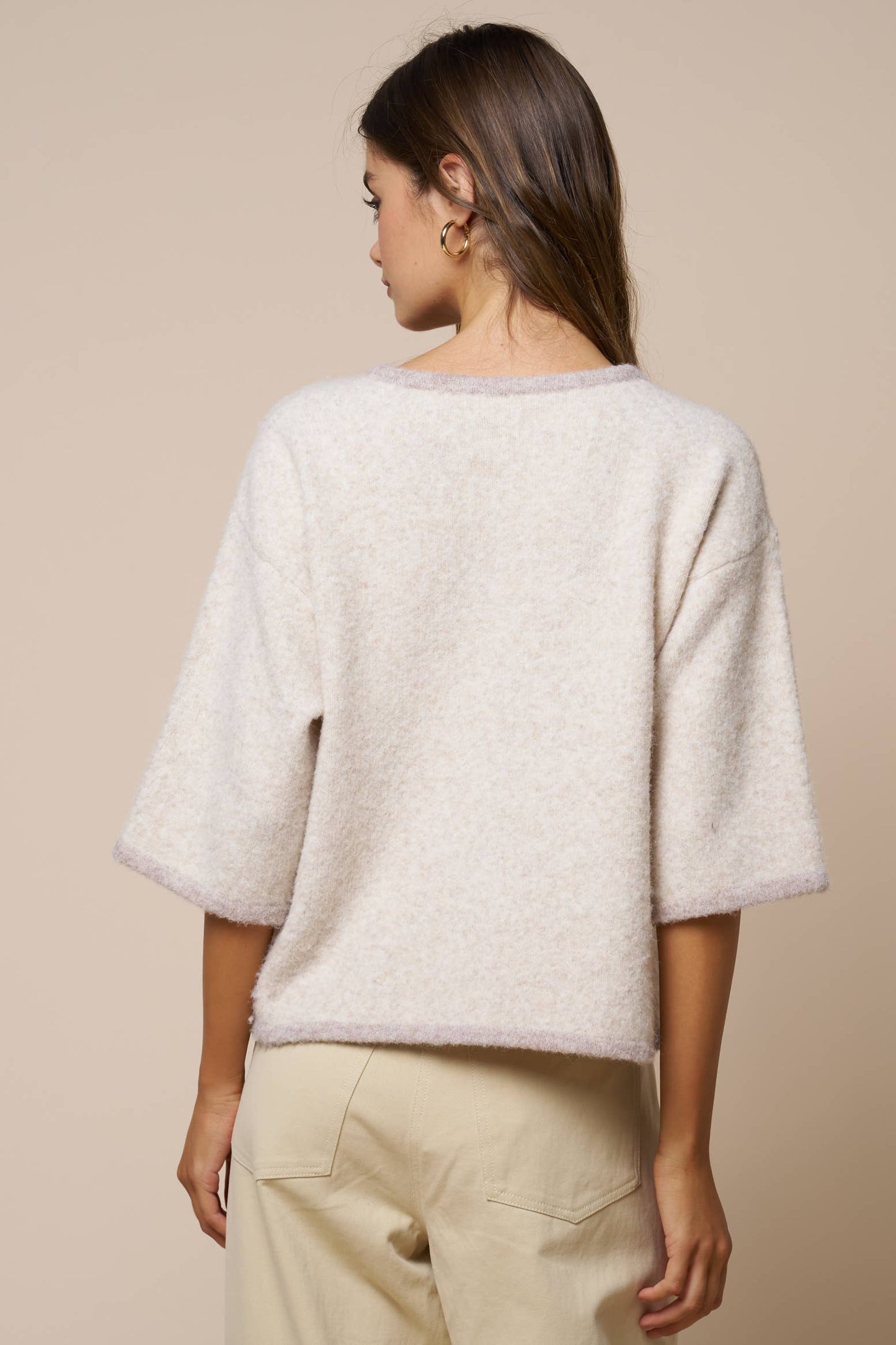 Color Block Button Down Sweater Top: LT BEIGE / L - Pink Peonies