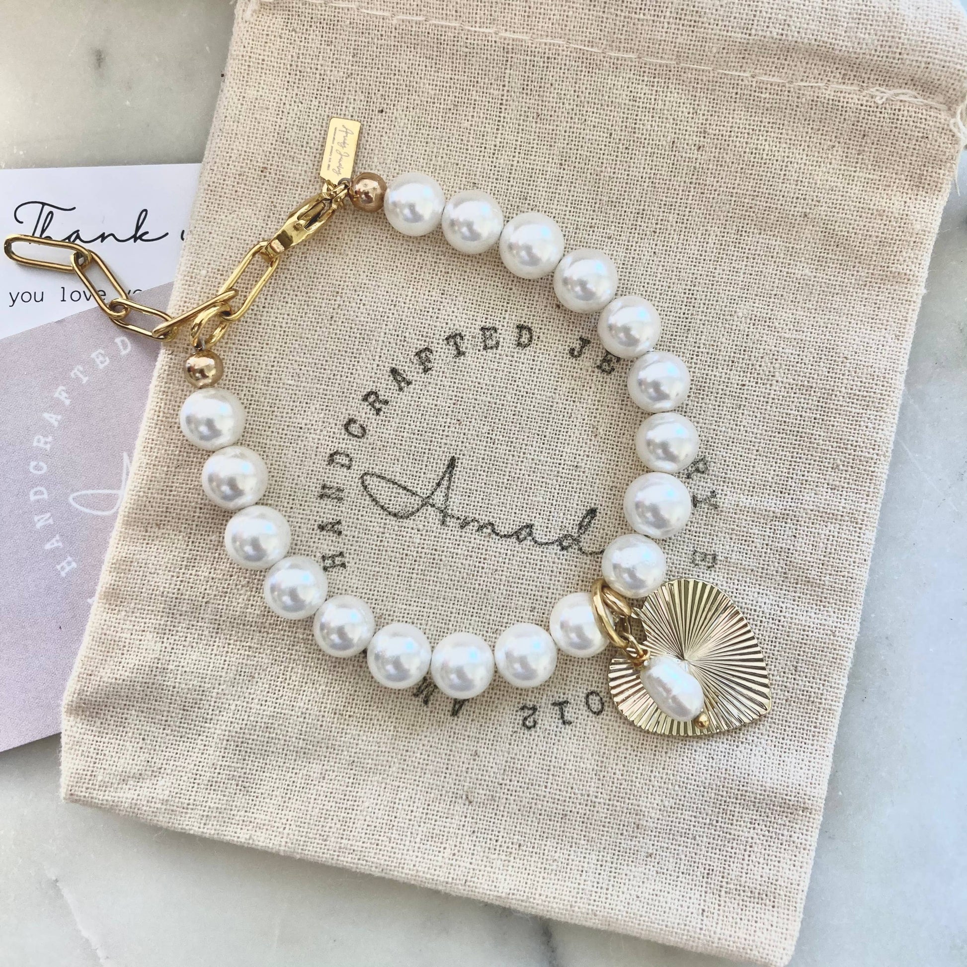 Freshwater pearl gold heart charmed bracelet  coquette - Pink Peonies