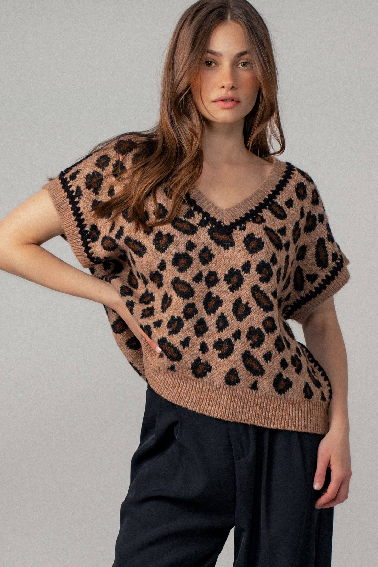 Leopard Crochet Trim Sweater Vest