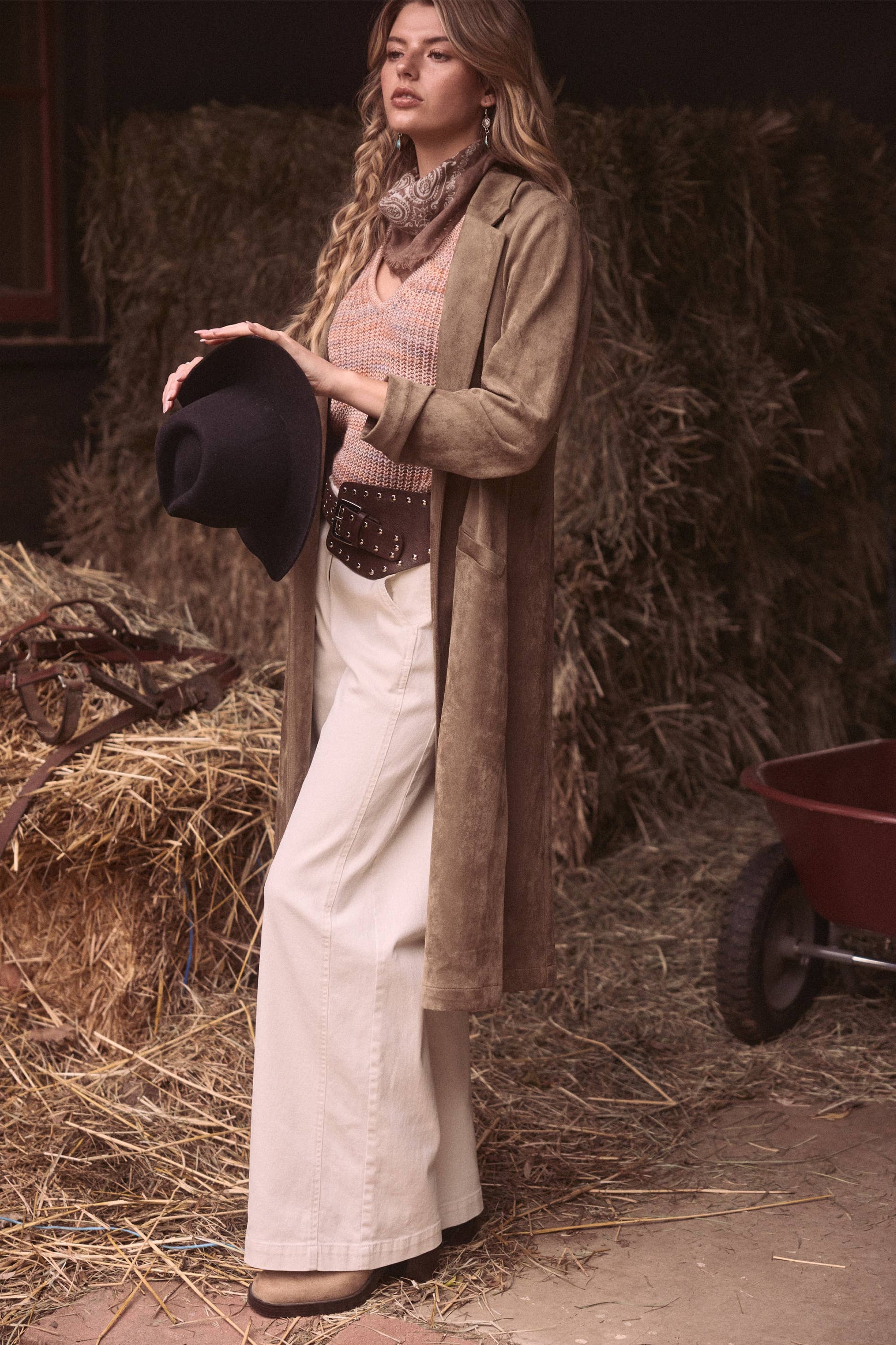 Western Faux Suede Duster Coat: Olive / M - Pink Peonies