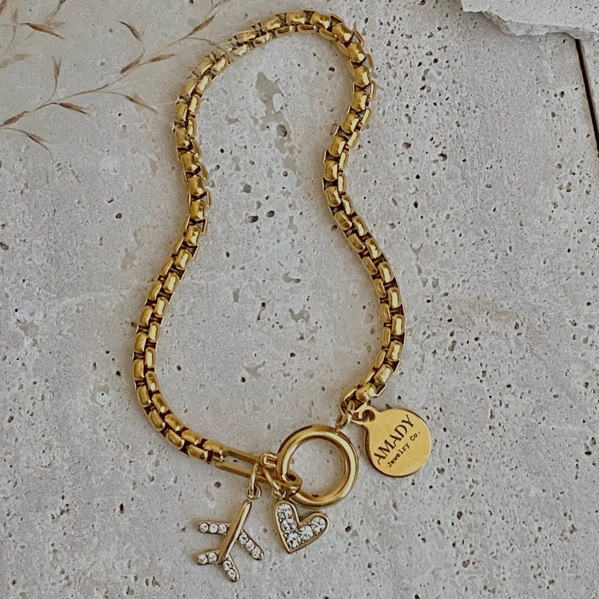 Traveler travel Bracelet airplane plane heart gold plated  - Pink Peonies