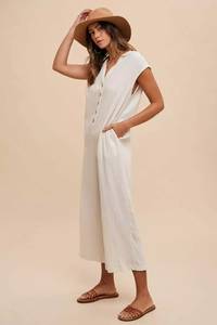 Cream Cotton Guaze Button Down Jumpsuit - Pink Peonies