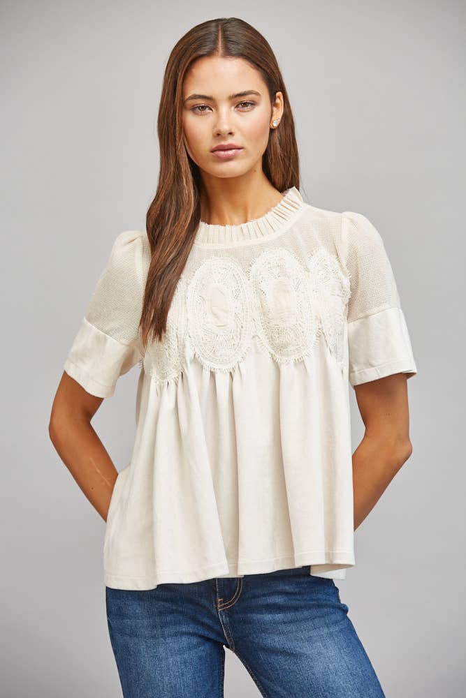 Sheer Mesh Upper Faux Suede Top