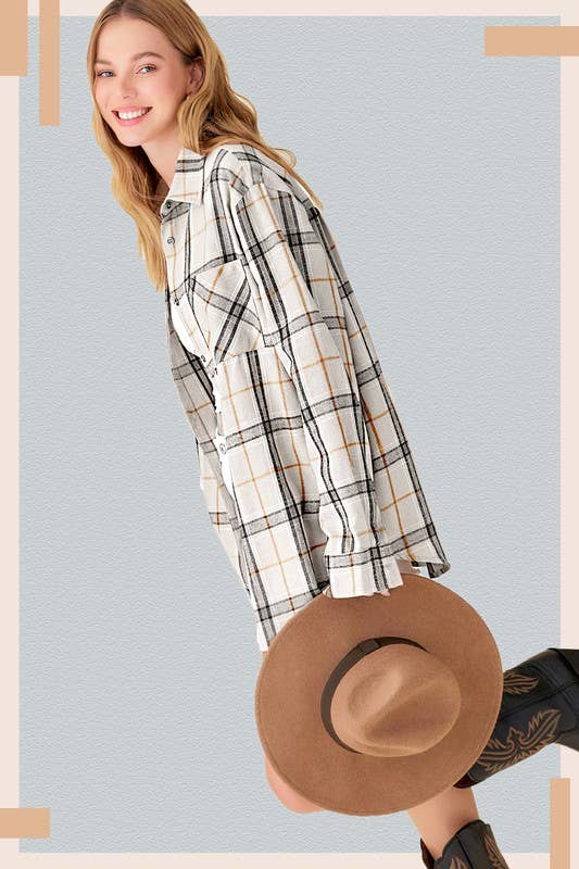 SRT1312-Soft Fabric Plaid Loose Fit Button Down Shirt: Bone / L - Pink Peonies