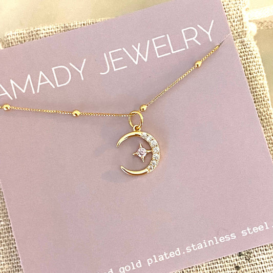 Cute Crescent Moon Charm Necklace 18k Gold Filled GP - Pink Peonies