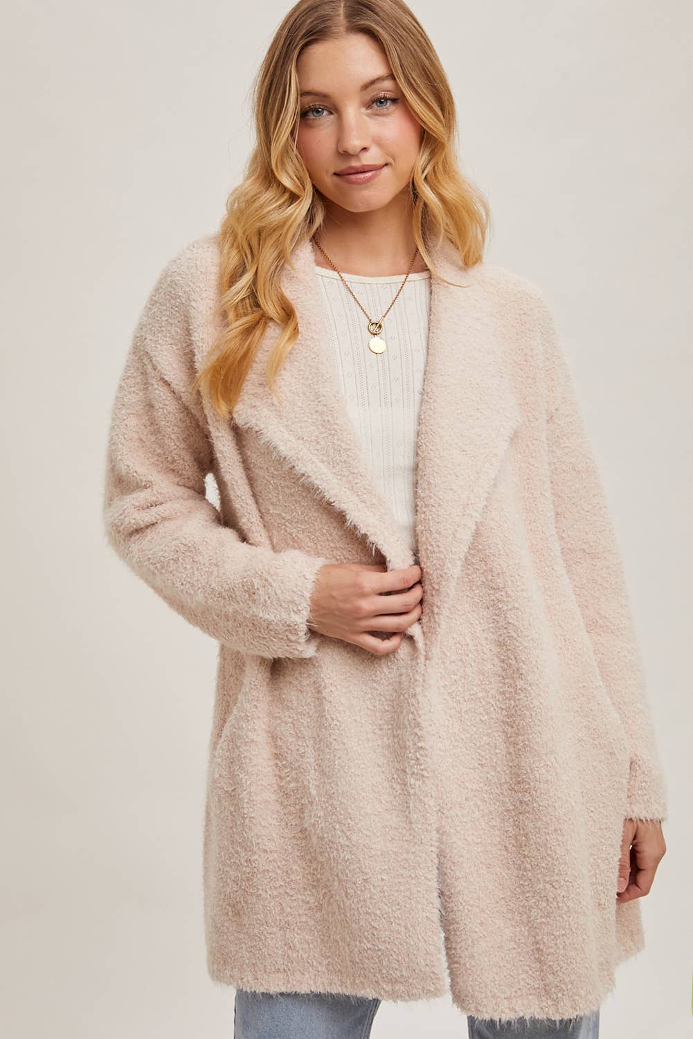 SOFT FUZZY DRAPE FRONT CARDIGAN: MUSHROOM / M/L - Pink Peonies