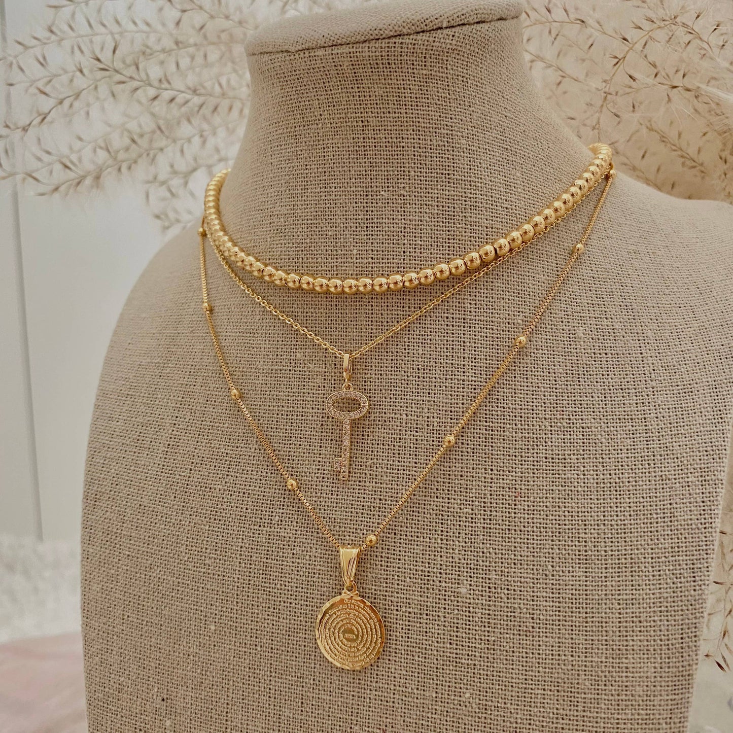 Our Father prayer coin charm necklace 18k GF satellite chain - Pink Peonies
