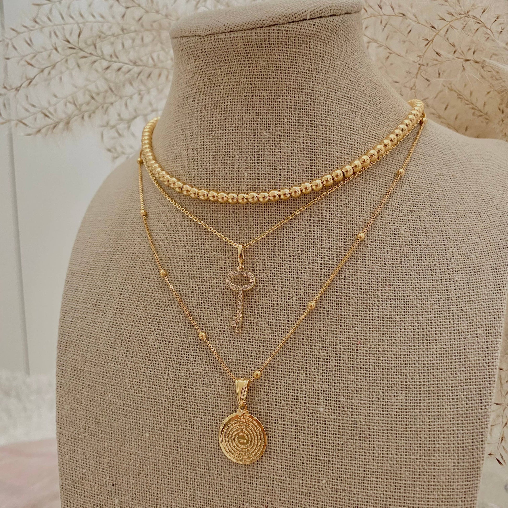 Our Father prayer coin charm necklace 18k GF satellite chain - Pink Peonies