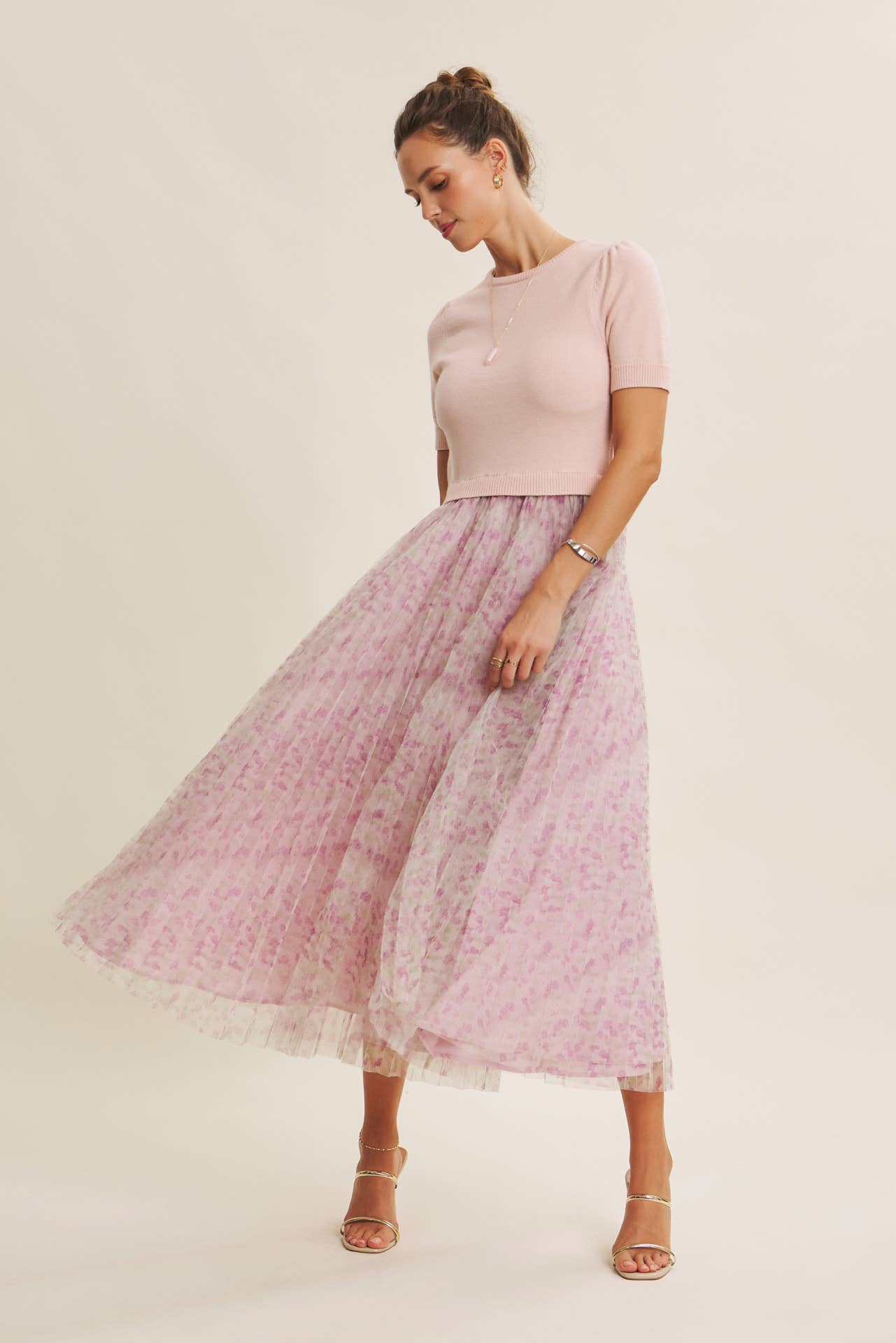 Field of Pleated Wildflowers Sweater Mix Media Midi Dress - Pink Peonies