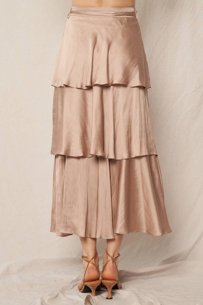 Belted Satin Tiered Midi Skirt