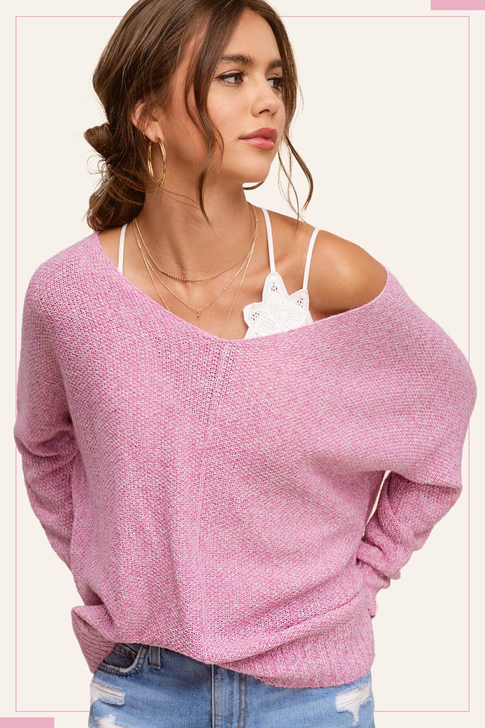 Pink Lightweight Loose Fit Textured Pullover Sweater - Pink Peonies