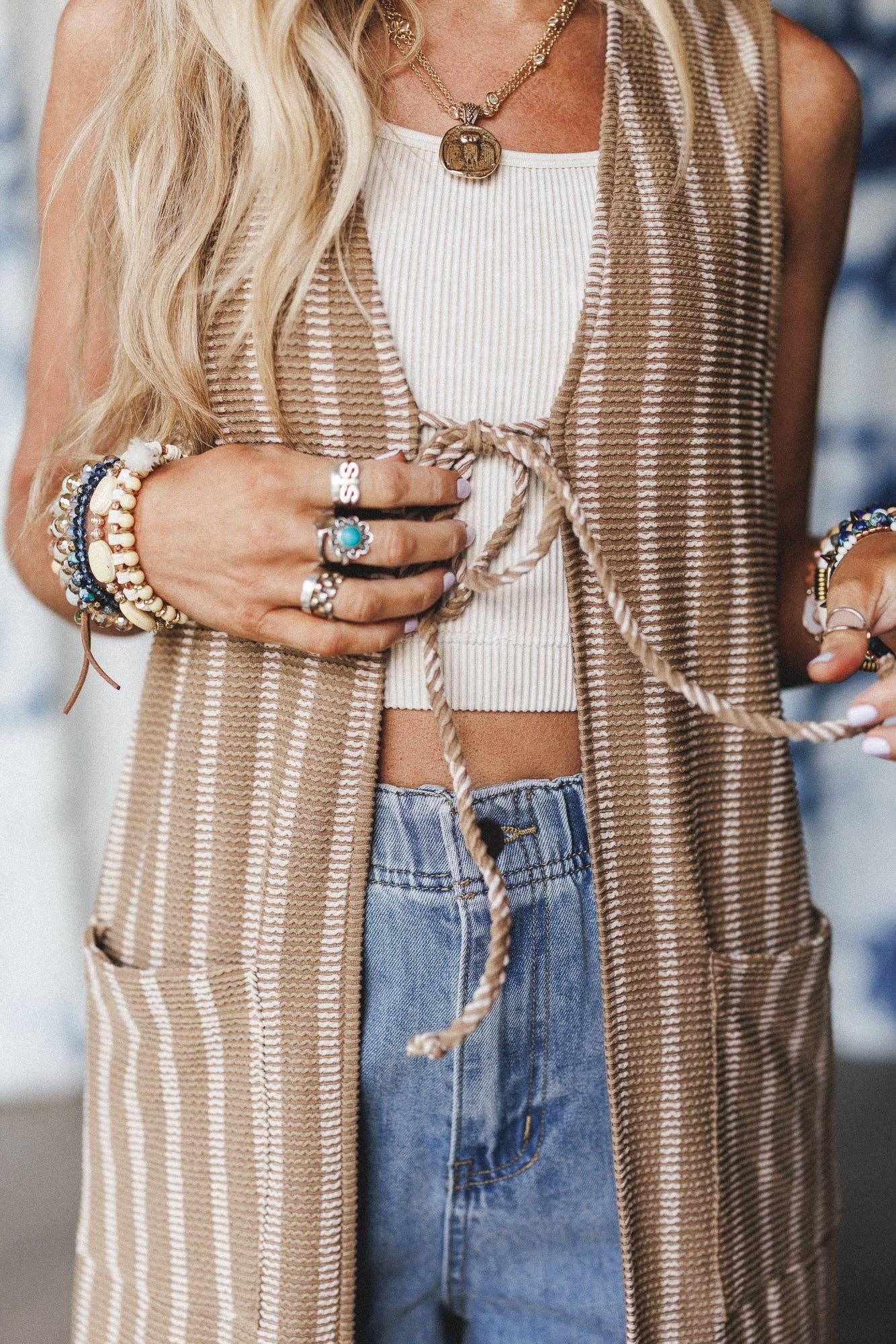 Sundown Stripes Open Front Duster Vest - Pink Peonies