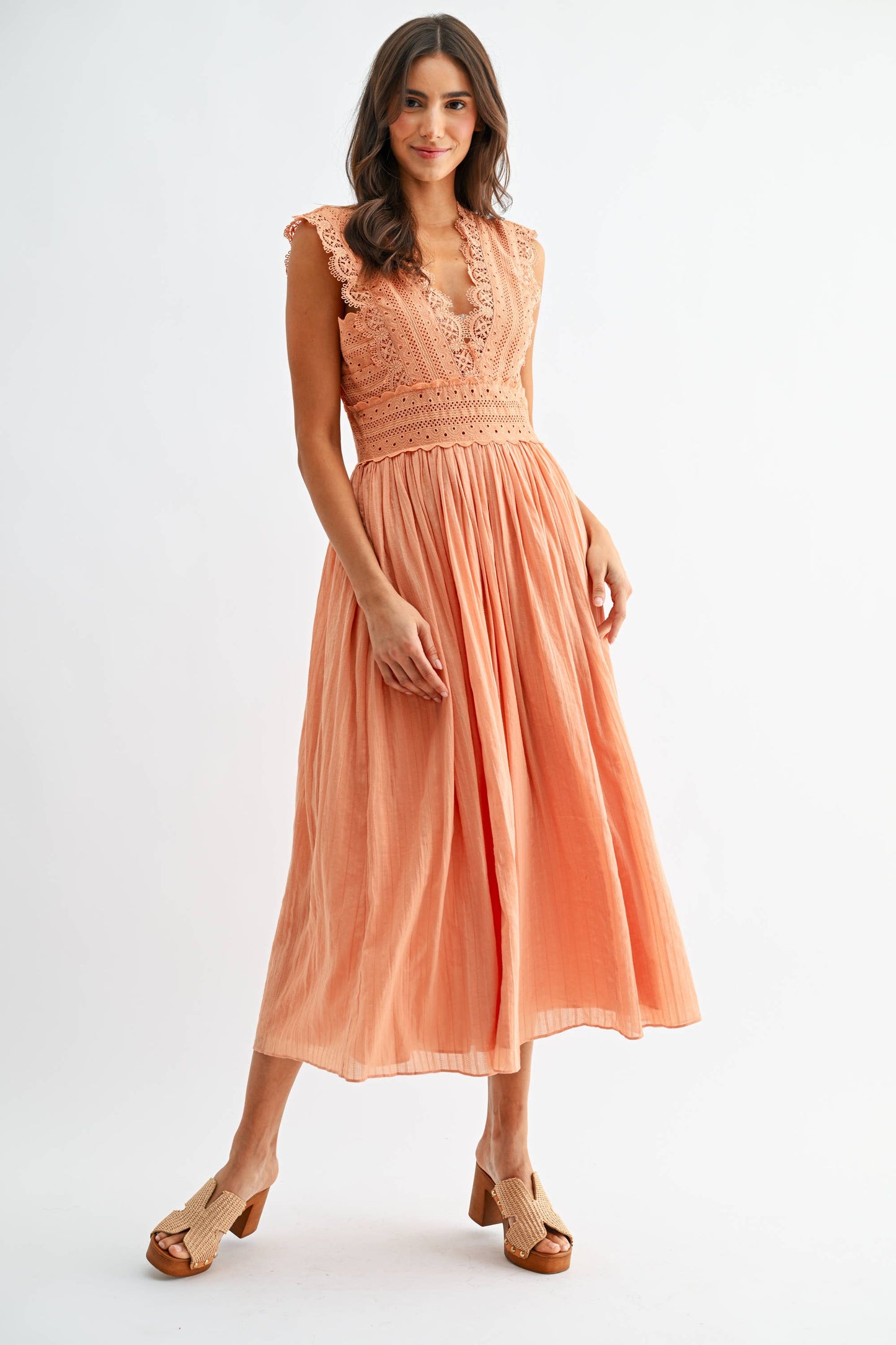 CD10184J Lace Boho Midi Dress: ORANGE / S-M-L (3-2-1) - Pink Peonies