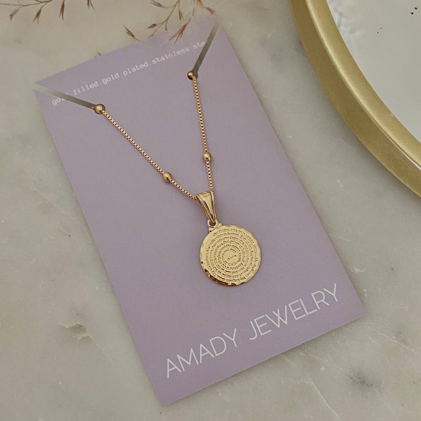 Our Father prayer coin charm necklace 18k GF satellite chain - Pink Peonies