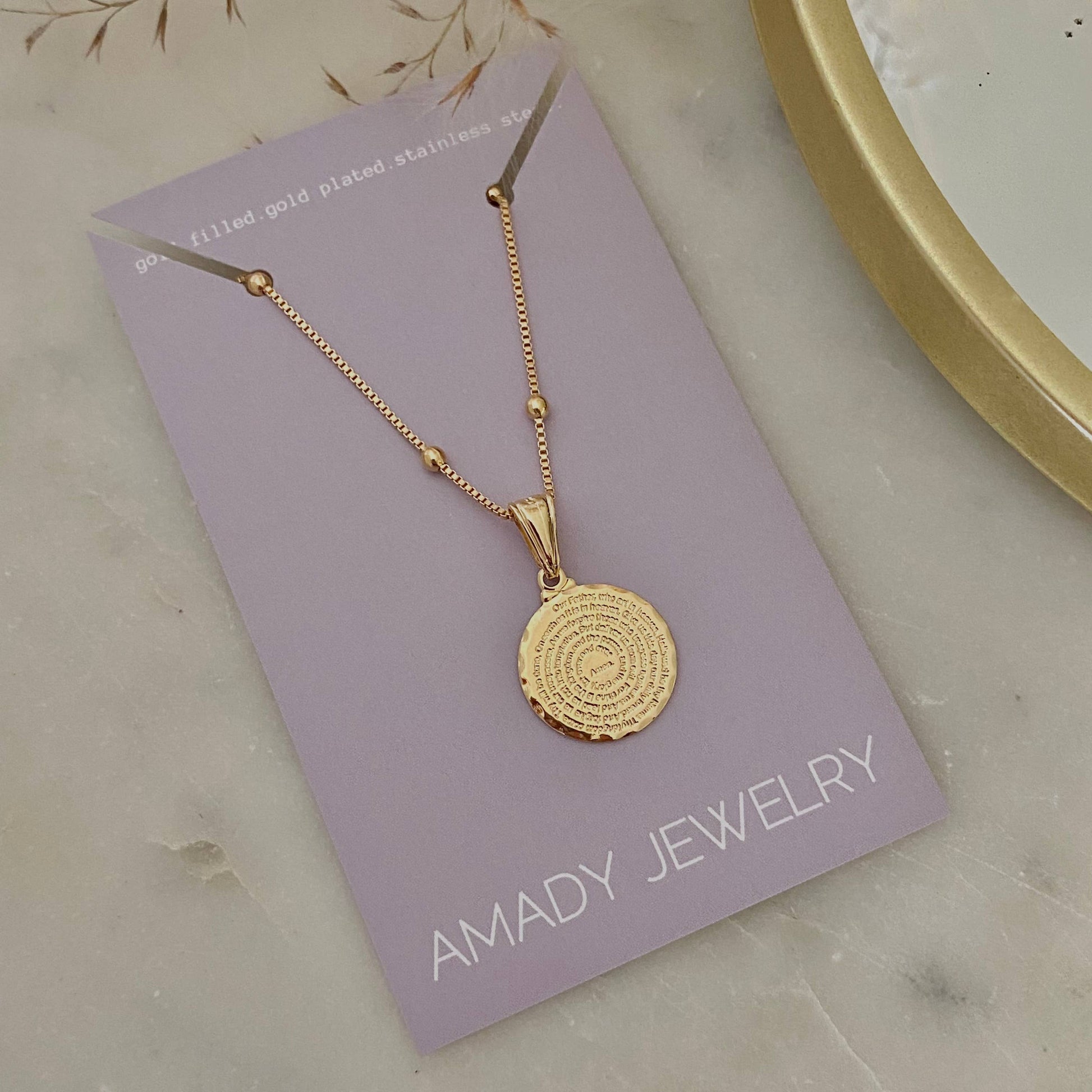 Our Father prayer coin charm necklace 18k GF satellite chain - Pink Peonies