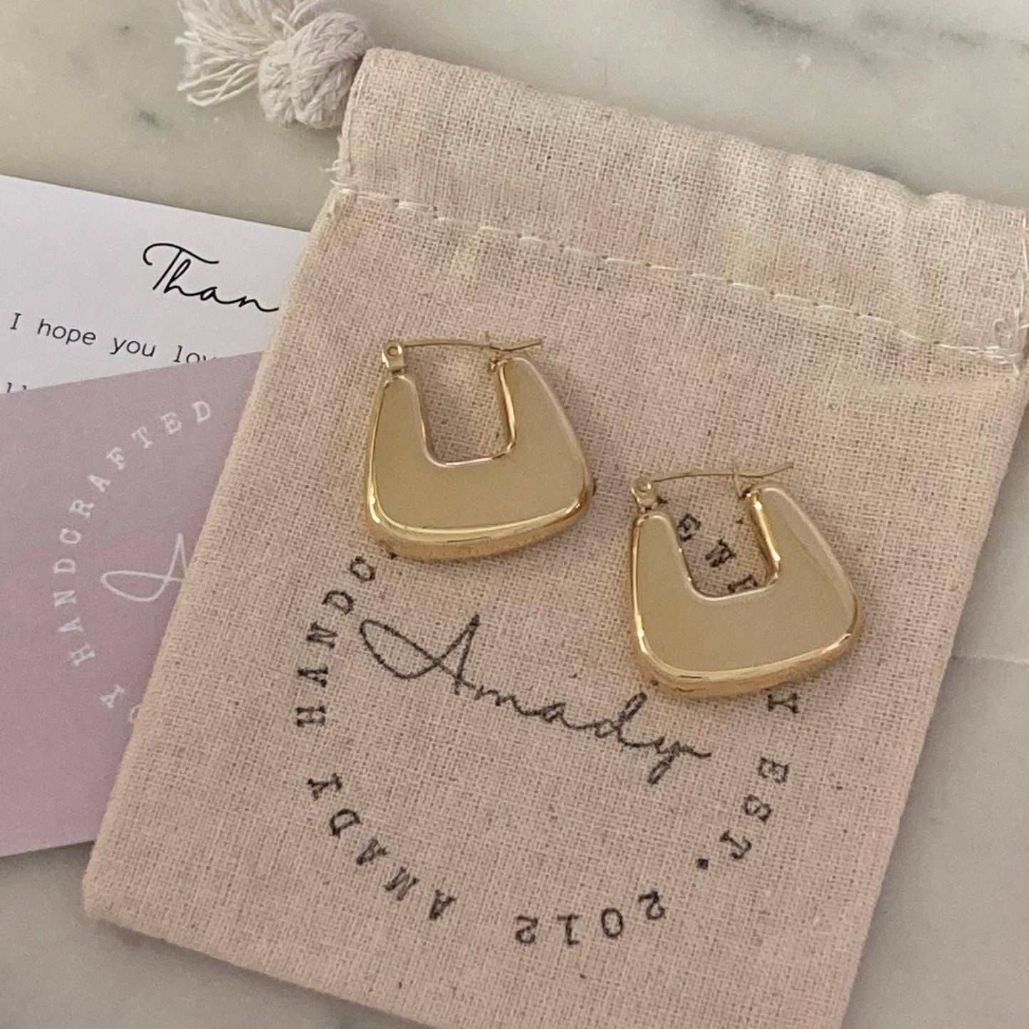 Lightweight gold chunky hoop earring gold plated waterproof - Pink Peonies