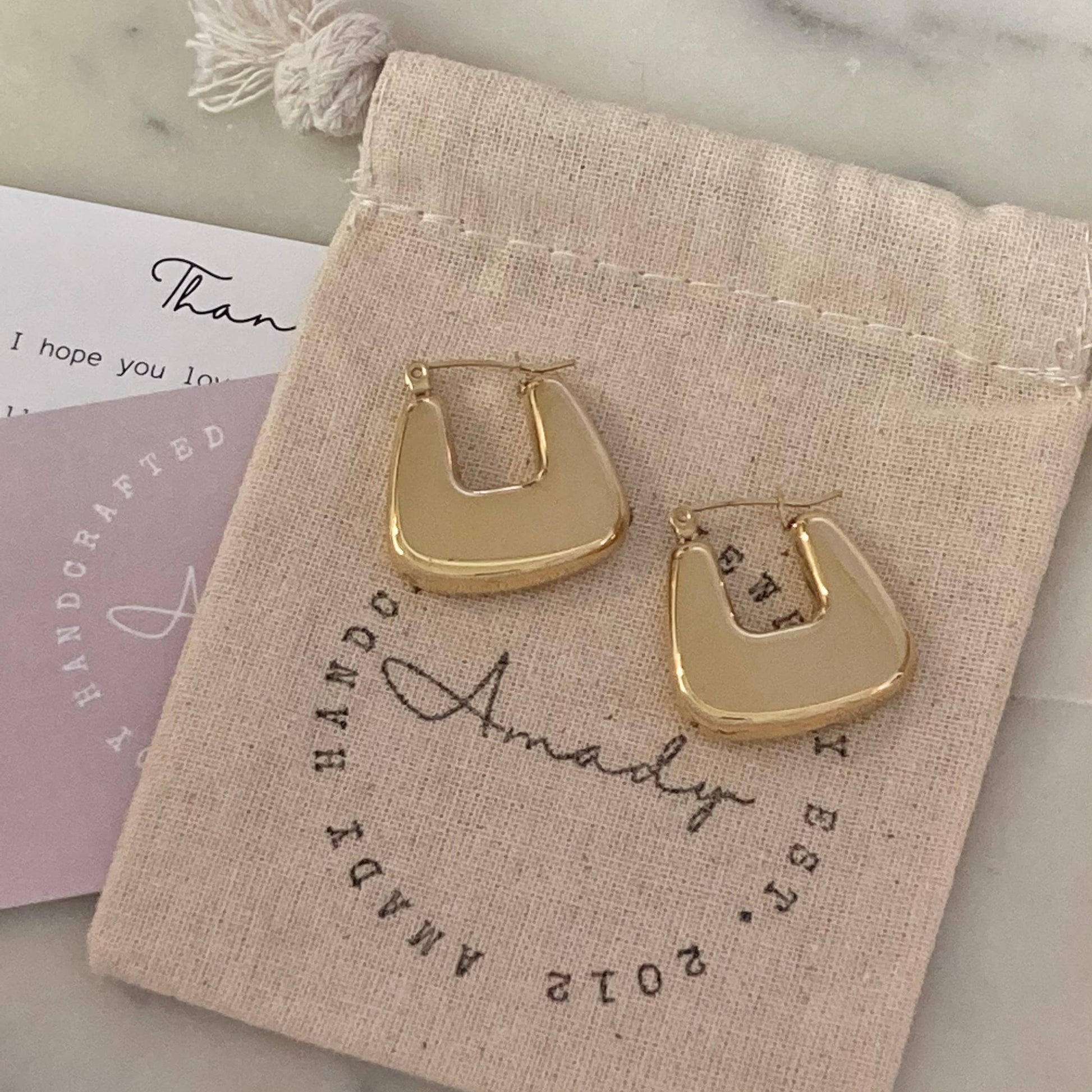 Lightweight gold chunky hoop earring gold plated waterproof - Pink Peonies