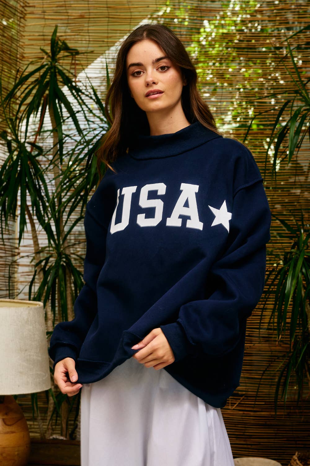 IT2594-USAGINGHAM USA/USA Map Reversible Oversize Sweatshirt: NAVY / S/M-L/XL (3-3) - Pink Peonies