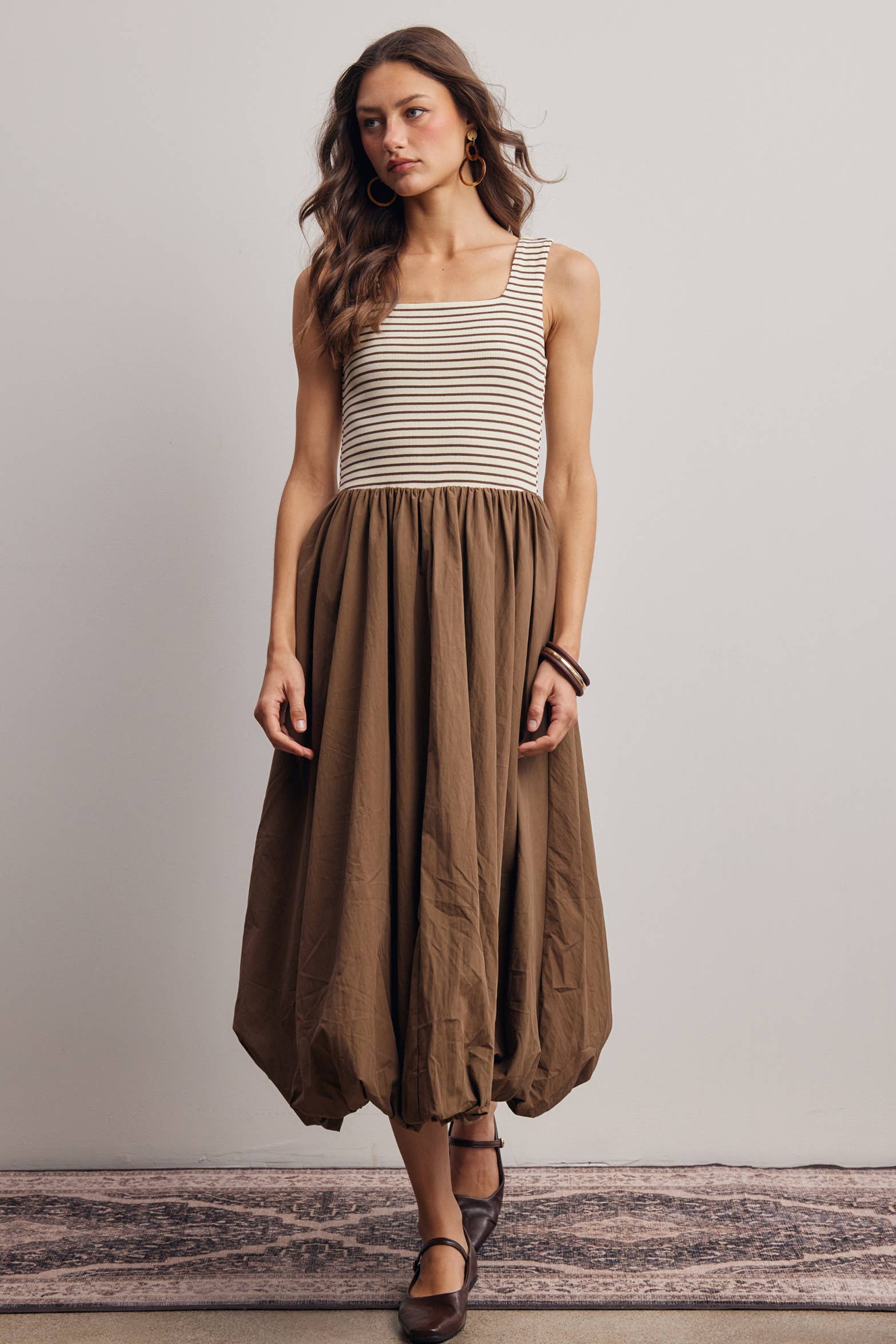 Striped Knit Bodice Bubble Midi Dress - Pink Peonies