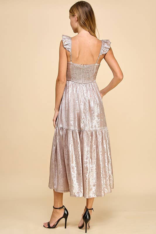 Metallic Ruched Midi Dress - Pink Peonies