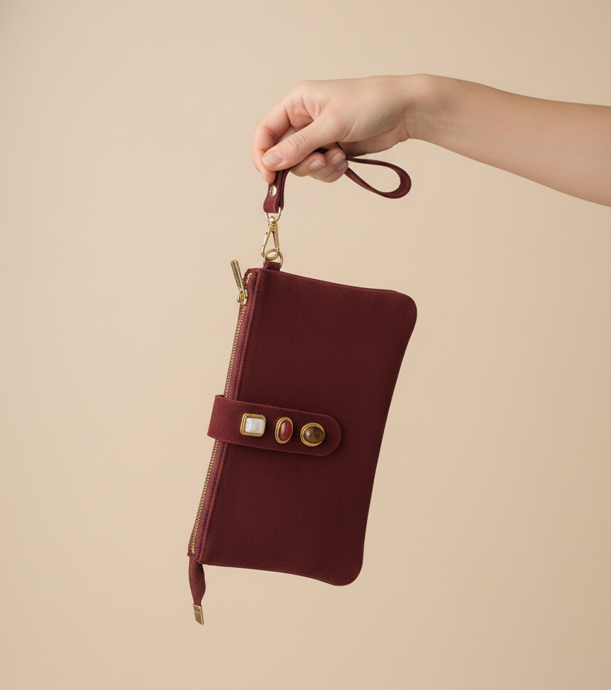 Gemstone Suede Wristlet Pouch: Caramel - Pink Peonies