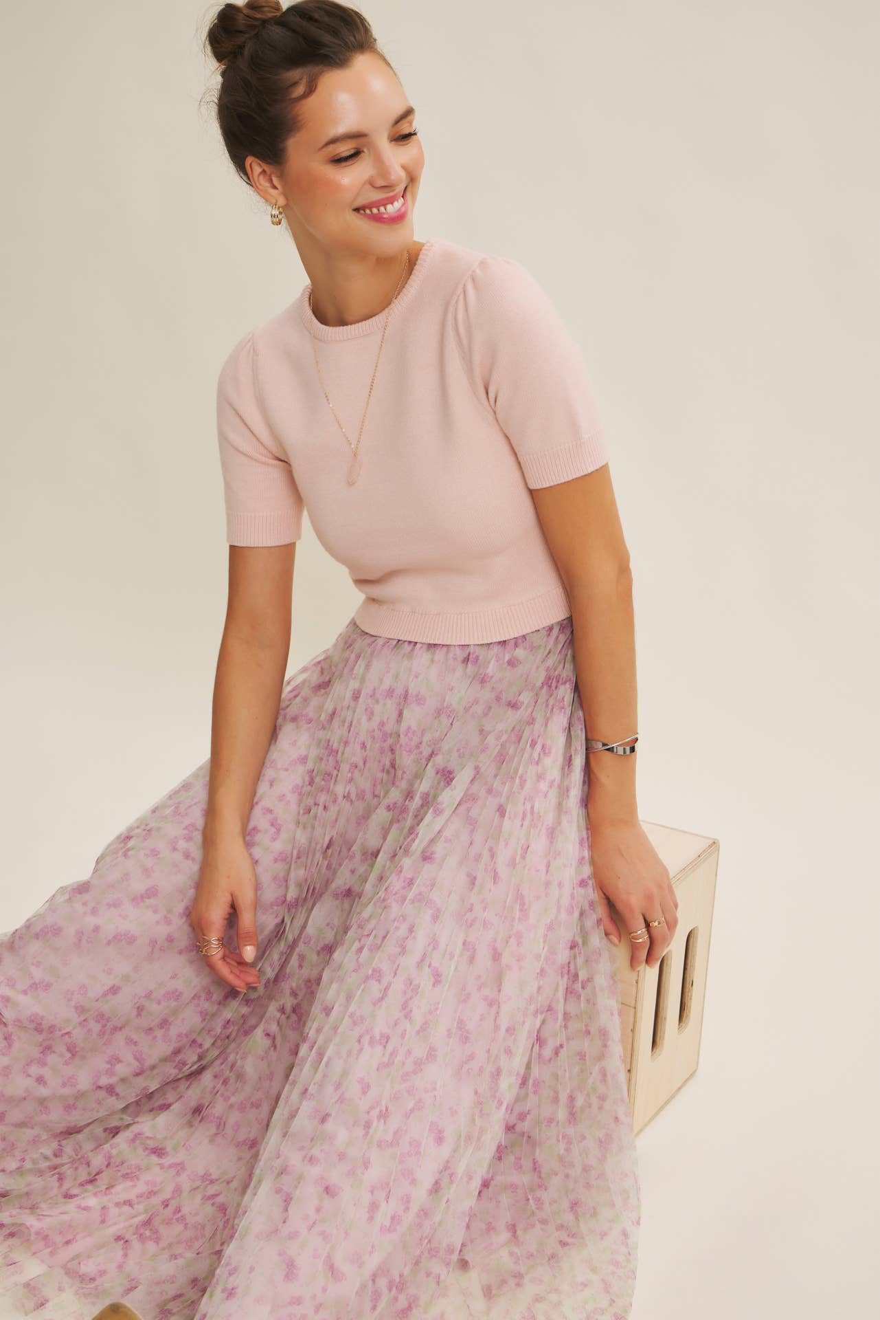 Field of Pleated Wildflowers Sweater Mix Media Midi Dress - Pink Peonies
