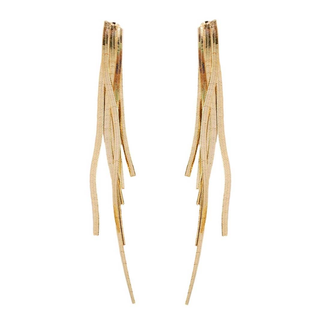 Skinny Gold Cascading Tassel Minimalist Statement Earrings - Pink Peonies