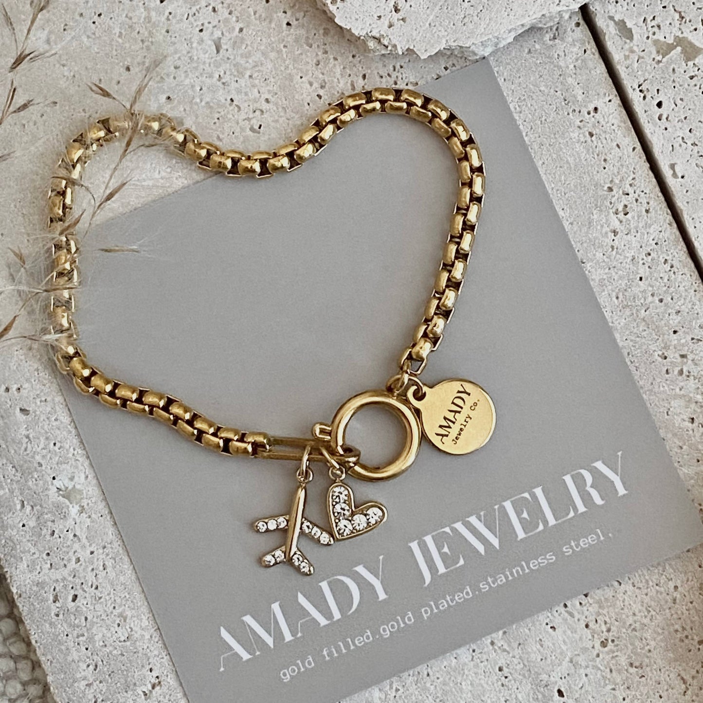 Traveler travel Bracelet airplane plane heart gold plated  - Pink Peonies