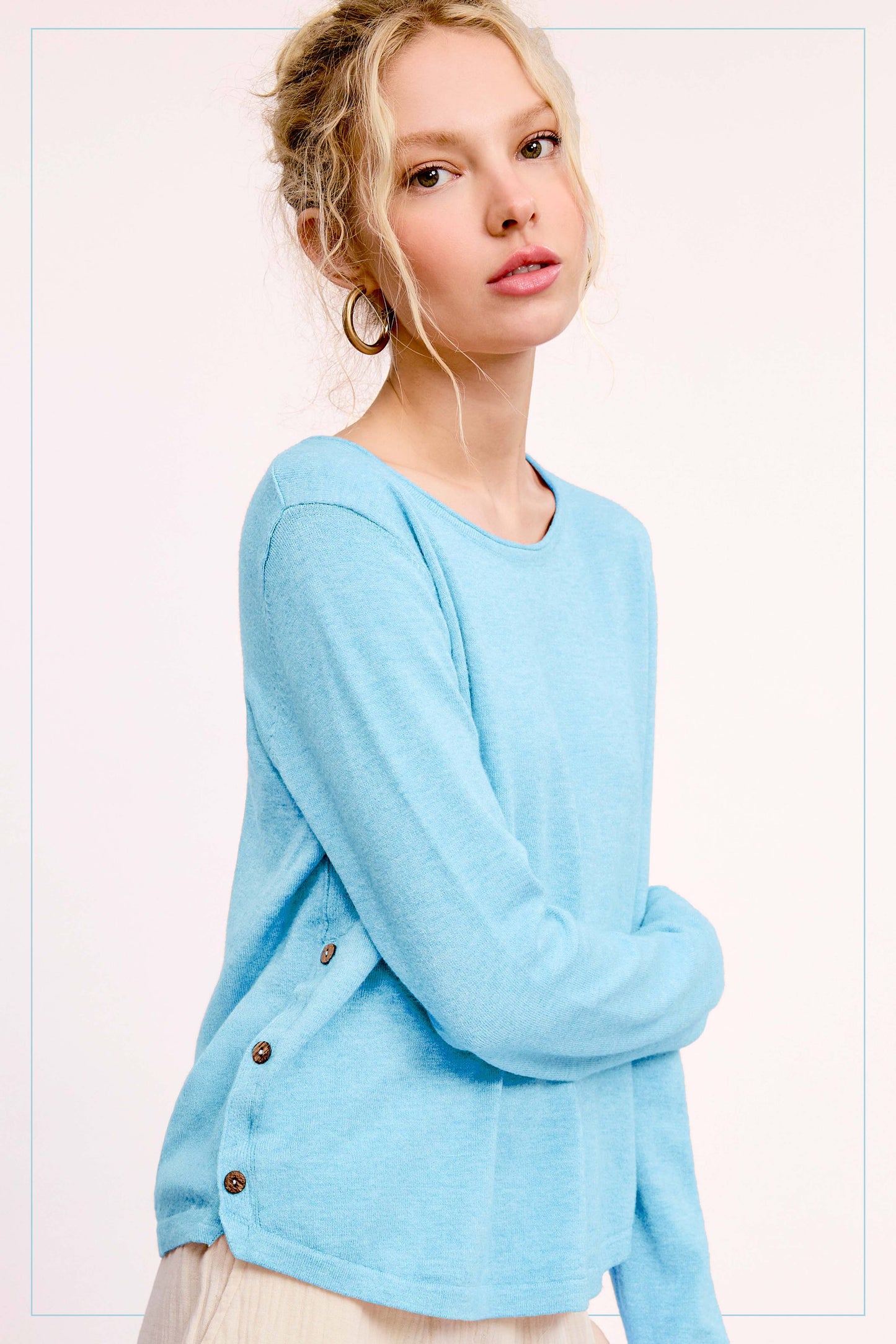 MDS3601-Super Soft Rolled Hem Side Button Stretchy Knit Top: Alice Blue / L - Pink Peonies