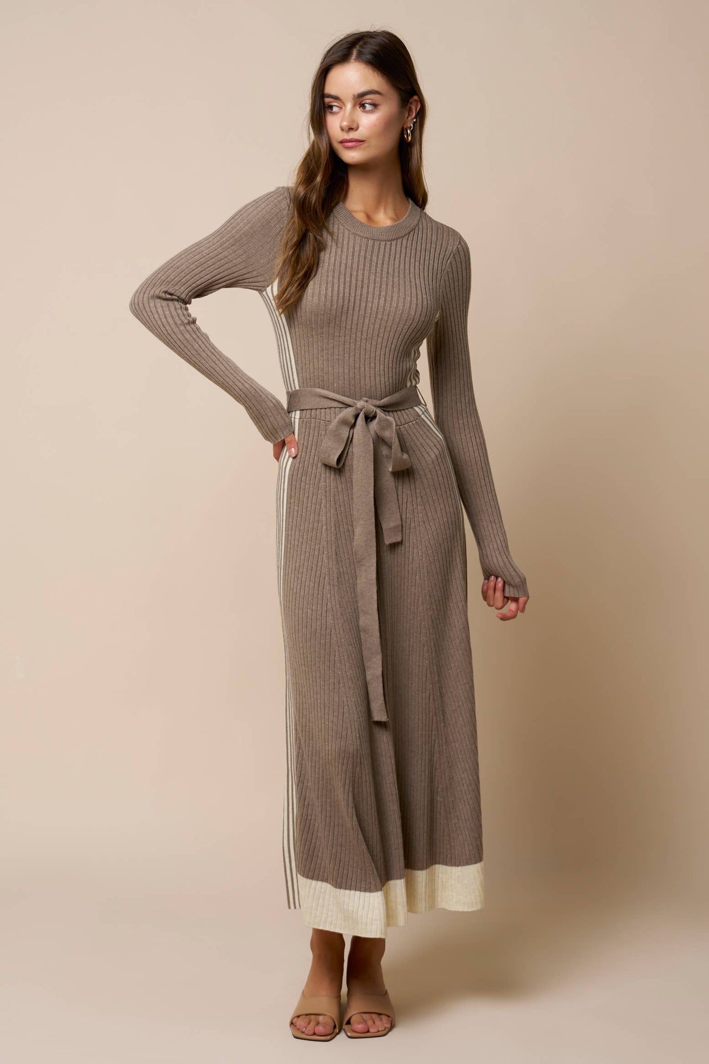 Color Block Belted Long Sleeve Knit Maxi Dress: HT BROWN-CREAM / L - Pink Peonies