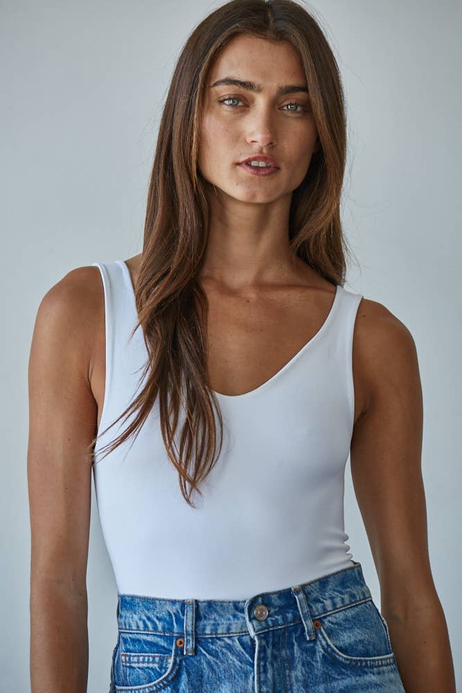 S1088 | Double Layered Seamless U-V Neck Sleeveless Bodysuit: White / SM - Pink Peonies