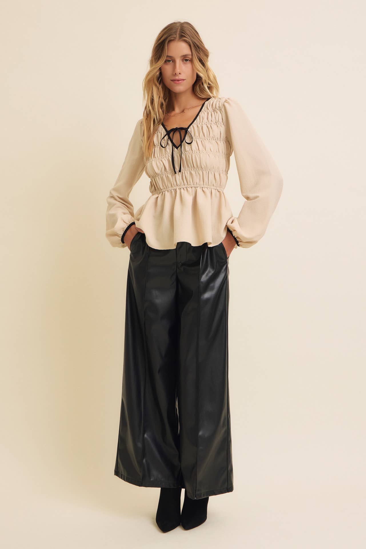 Vegan Leather Wide-Leg Pants with Elastic Back