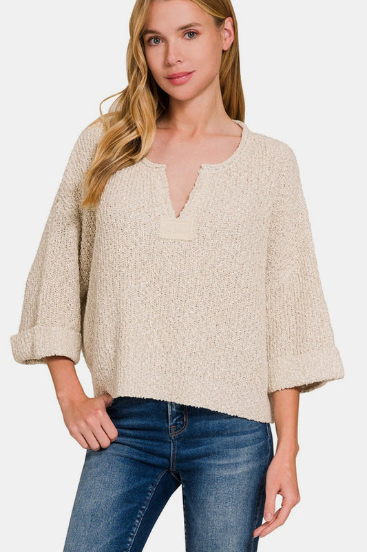 Zenana Notched Side Slit Patch Sweater - Pink Peonies