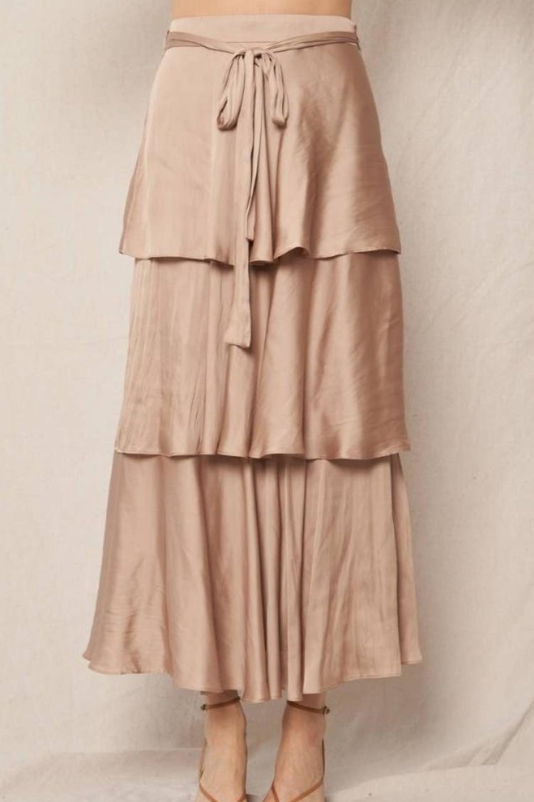 Belted Satin Tiered Midi Skirt