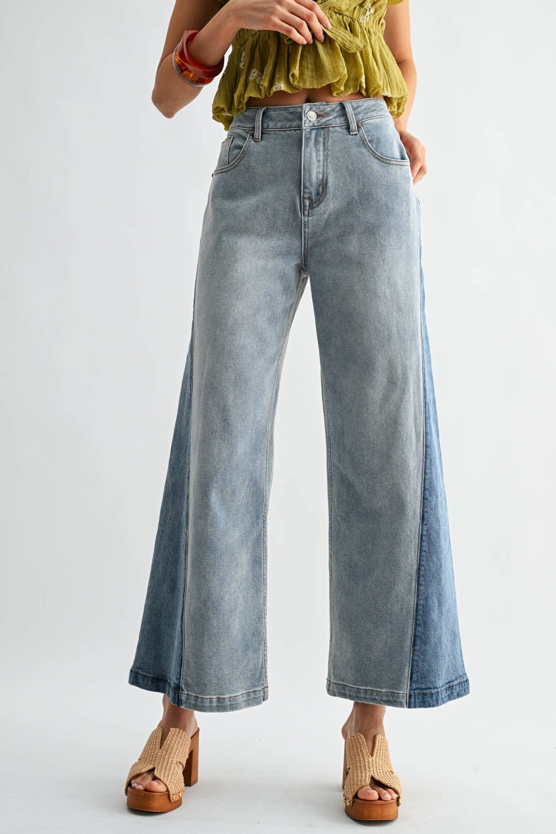 CB10162J Wide-Leg Two-Tone High Waist Denim Jeans: MEDIUM WASH / S-M-L (3-2-1) - Pink Peonies