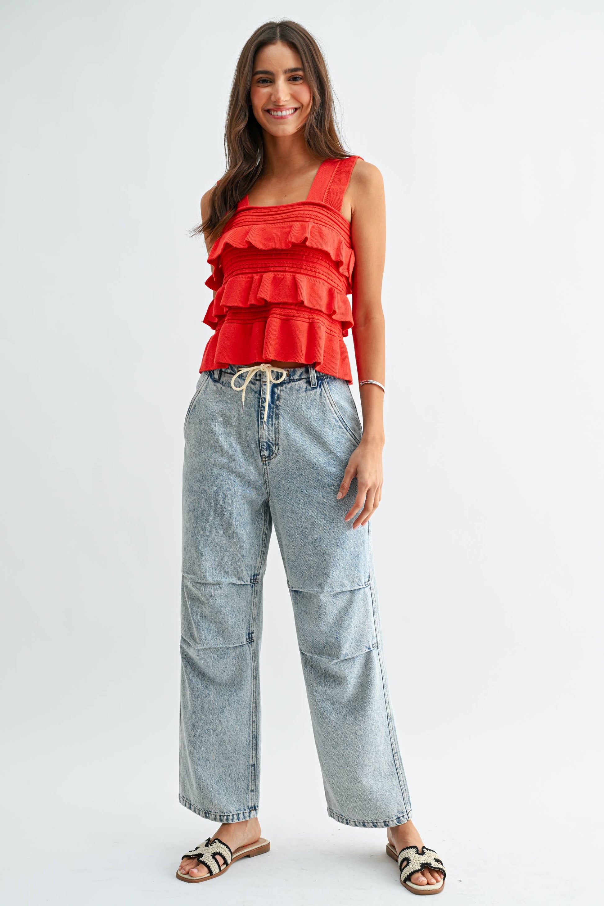 CW10030E Red Ruffled Knit Sleeveless Top: TOMATO RED / S-M-L (3-2-1) - Pink Peonies